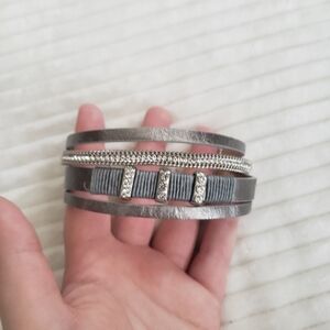 2/ $9 Silver Crystal Faux Leather Metallic Bracelet W/ Diamond Crystal Accent